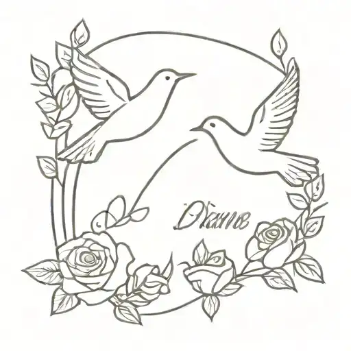  Doves flying with the name "Diane" above roses blooming tattoo design idea