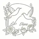  Doves flying with the name "Diane" above roses blooming tattoo design idea