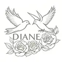  Doves flying with the name "Diane" above roses blooming tattoo design idea