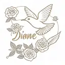  Doves flying with the name "Diane" above roses blooming tattoo design idea