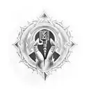 A blackwork tattoo featuring a stylized representation of Zeus's hand holding a lightning bolt, with a Roman clock incorporated into the design, symbolizing his power over thunder and time. tattoo design idea