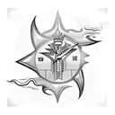 A blackwork tattoo featuring a stylized representation of Zeus's hand holding a lightning bolt, with a Roman clock incorporated into the design, symbolizing his power over thunder and time. tattoo design idea