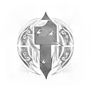 A blackwork tattoo featuring a stylized representation of Zeus's hand holding a lightning bolt, with a Roman clock incorporated into the design, symbolizing his power over thunder and time. tattoo design idea