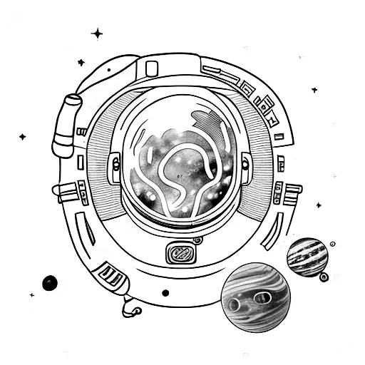 An astronaut exploring a surreal galaxy filled with floating orbs of intuition tattoo design idea