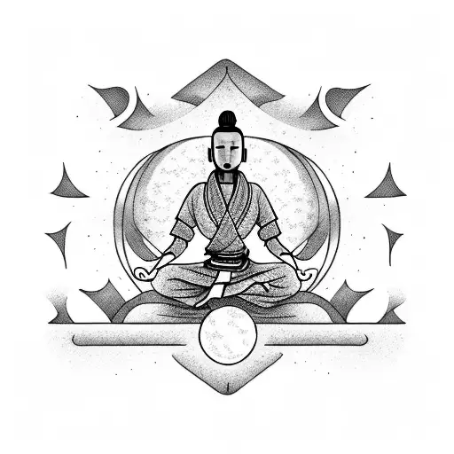 A martial arts master meditating under a full moon surrounded by stars tattoo design idea