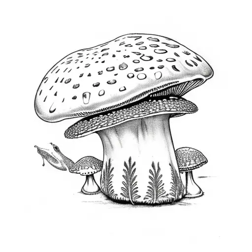 Amanita mushroom with frog and fern patterns surrounding it tattoo design idea