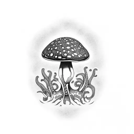 Amanita mushroom with intricate fern patterns surrounding it tattoo design idea