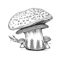 Amanita mushroom with frog and fern patterns surrounding it tattoo design idea