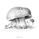 Amanita mushroom with frog and fern patterns surrounding it tattoo design idea