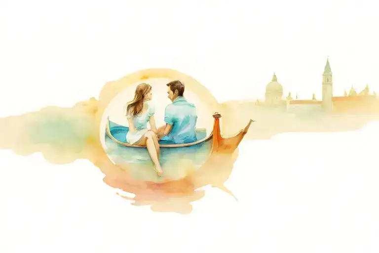 Gondola, venice, bridge of love, young couple, gongolero, facing horizon  tattoo design idea