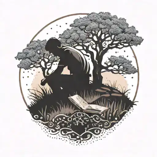 A dotwork tattoo of a serene nature scene featuring a silhouette of a student studying under a tree tattoo design idea