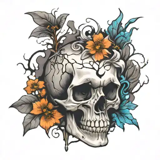 skull, cracked at the top with flowers and fungi (colorful) growing out of the cracks.  tattoo design idea