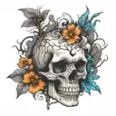 skull, cracked at the top with flowers and fungi (colorful) growing out of the cracks.  tattoo design idea