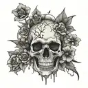 skull, cracked at the top with flowers and fungi (colorful) growing out of the cracks.  tattoo design idea