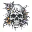 skull, cracked at the top with flowers and fungi (colorful) growing out of the cracks.  tattoo design idea