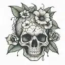 skull, cracked at the top with flowers and fungi (colorful) growing out of the cracks.  tattoo design idea