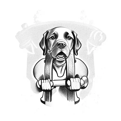 A muscular firefighter lifting weights with a Labrador by his side tattoo design idea