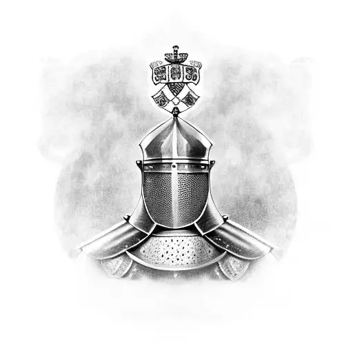 A detailed portrait of a medieval knight in full armor, with a shield featuring the flag of England tattoo design idea