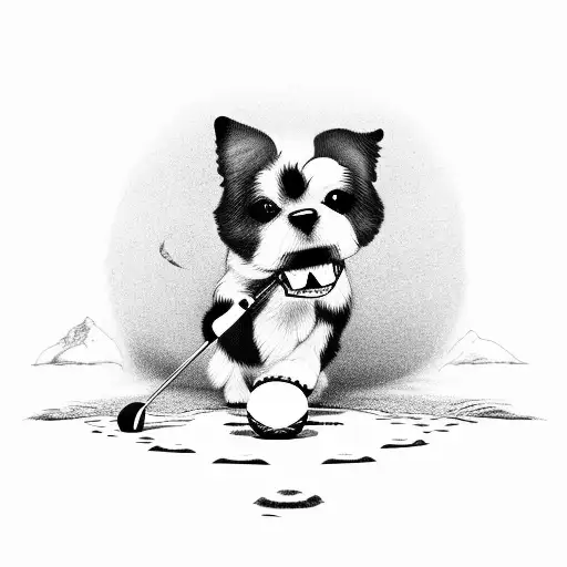 A Cavachon dog playing golf with a club in its mouth tattoo design idea