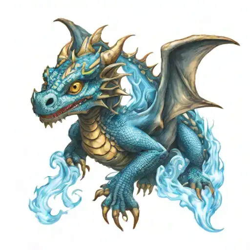 baby dragon coming out of blue fire tattoo design idea