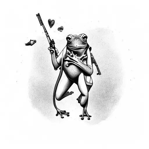 A detailed illustration of a frog holding a gun, combining the client's love for nature and shooting guns in a unique and unexpected way tattoo design idea