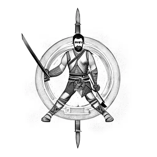 man sitting down criss crossed with a display of medieval weapons in front of him and behind him tattoo design idea