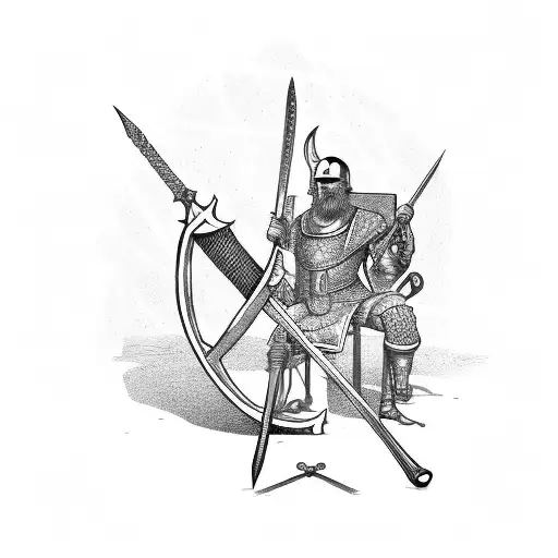man sitting down criss crossed with a display of medieval weapons in front of him and behind him tattoo design idea