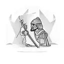 man sitting down criss crossed with a display of medieval weapons in front of him and behind him tattoo design idea