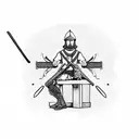 man sitting down criss crossed with a display of medieval weapons in front of him and behind him tattoo design idea