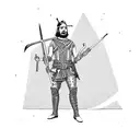 man sitting down criss crossed with a display of medieval weapons in front of him and behind him tattoo design idea