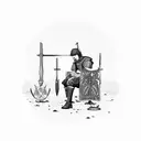 man sitting down criss crossed with a display of medieval weapons in front of him and behind him tattoo design idea