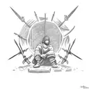 man sitting down criss crossed with a display of medieval weapons in front of him and behind him tattoo design idea