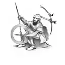 man sitting down criss crossed with a display of medieval weapons in front of him and behind him tattoo design idea