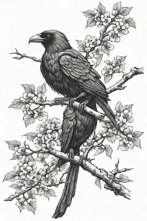 2 crows perched in a cherry tree above aphrodite holding a spear  tattoo design idea