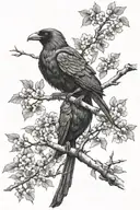 2 crows perched in a cherry tree above aphrodite holding a spear  tattoo design idea