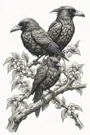 2 crows perched in a cherry tree above aphrodite holding a spear  tattoo design idea