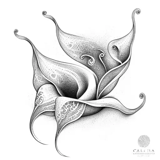 A dotwork design of a calla lily transforming into an ocean wave, showcasing the interconnectedness of nature and emotions tattoo design idea