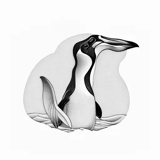 A captivating blackwork tattoo depicting a penguin standing on a wave with a calla lily in its beak tattoo design idea