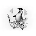 A captivating blackwork tattoo depicting a penguin standing on a wave with a calla lily in its beak tattoo design idea