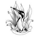 A captivating blackwork tattoo depicting a penguin standing on a wave with a calla lily in its beak tattoo design idea