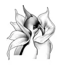 A captivating blackwork tattoo depicting a penguin standing on a wave with a calla lily in its beak tattoo design idea