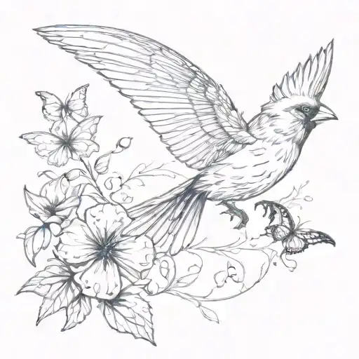 cardinal chasing butterfly playfully  tattoo design idea