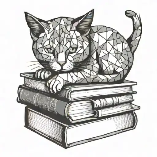 cat sleeping on a stack of books tattoo design idea