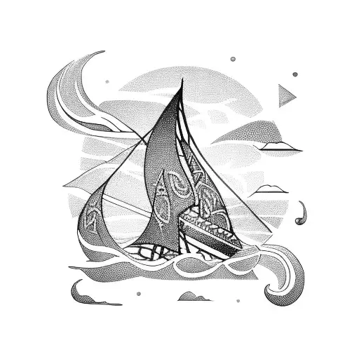 Tribal-inspired Viking ship sailing through stormy waves tattoo design idea