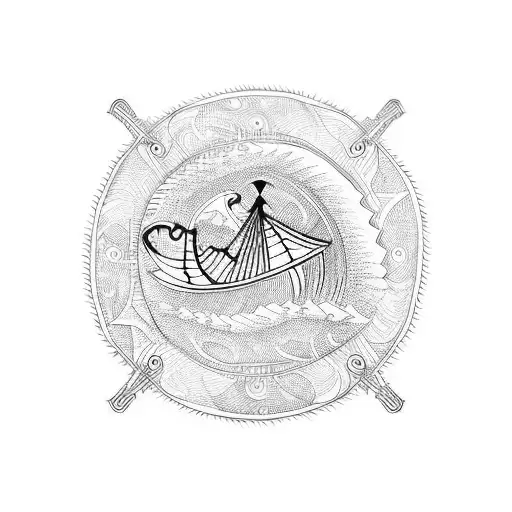 Tribal-inspired Viking ship sailing through stormy waves tattoo design idea