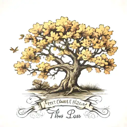 oak tree with leaves falling and "the best things in life are free and need to be let go" underneath the tree  tattoo design idea
