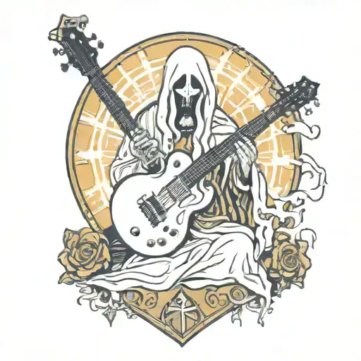 Ghost guitarist Sodo in tarot card design featuring his guitar tattoo design idea