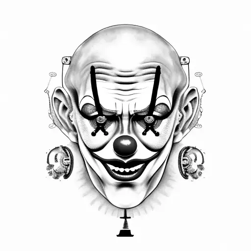 The head of a clown divided into 2 parts. One half a clown the other half a cyborg robot in trash polka. Blue black and  tattoo design idea
