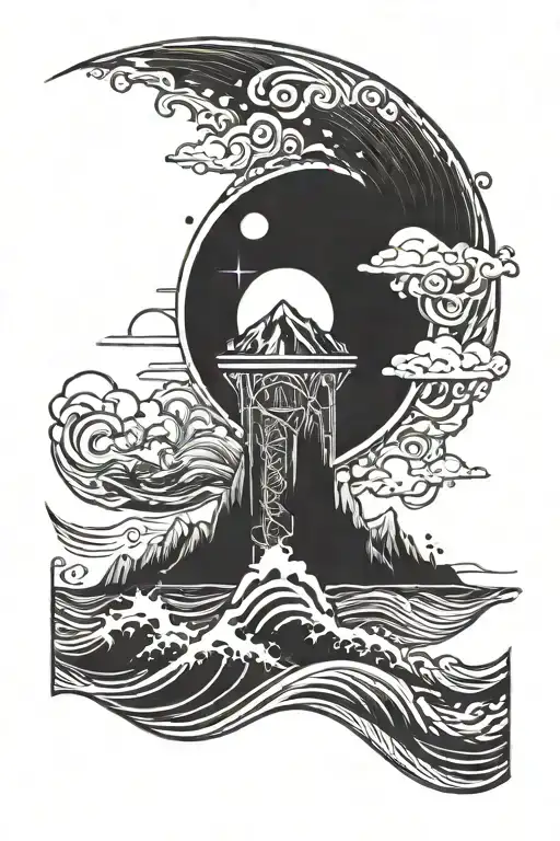 space at the top with mountain and ocean with wave and beach at the bottom tattoo design idea