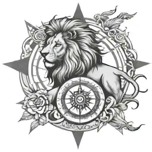 Lion and compass rose intertwined tattoo design idea